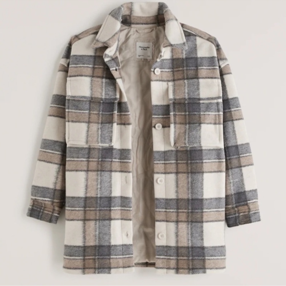 ABERCROMBIE & FITCH Oversized Cozy Shirt Jacket Gray Tan Plaid NWT S Small NWT